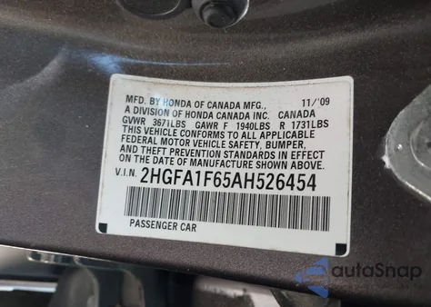 2010 Honda Civic Lx-S из США, поврежденный, VIN 2HGFA1F65AH526454